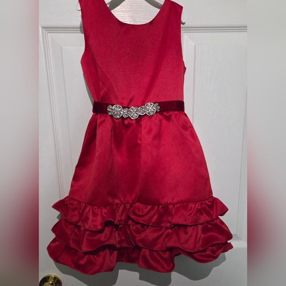 Rare Editions 6 Red Girl Ruffle Hem Slvless Velvet Rainstones Belt Formal Dress